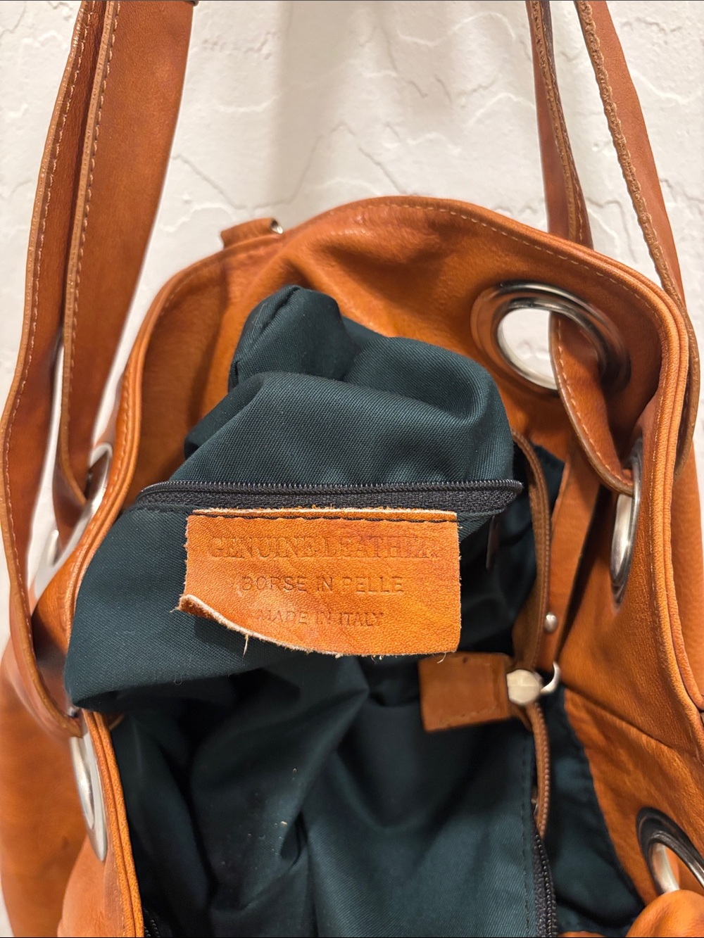 Italian Tan Leather Hobo Bag with Dark Green Lining